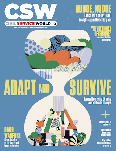 The front cover CSW's autumn issue, illustrated with a colourful cartoon hourglass. There are storm clouds in the top half and people building a shelter in the bottom half. The words "Adapt and survive" run across the cover, which has a blue background and the CSW logo in the top left-hand corner